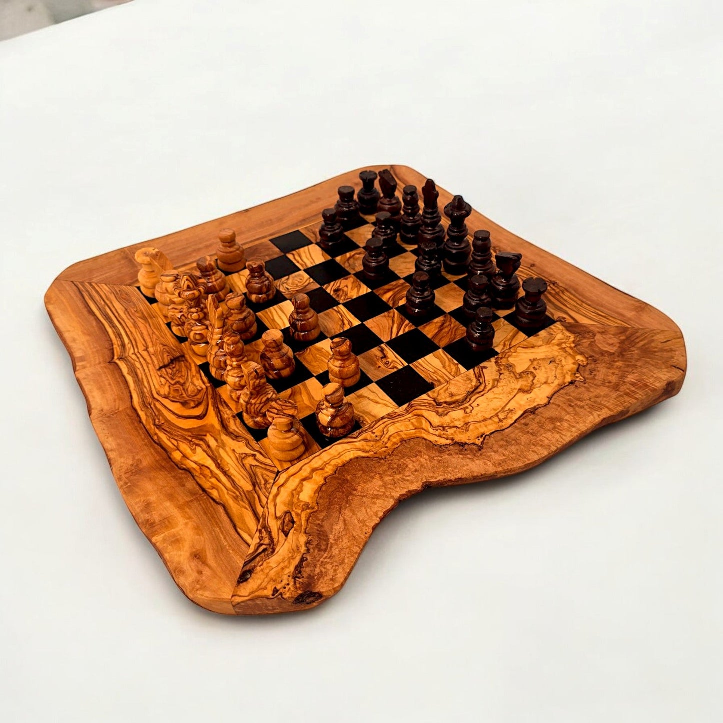 Olive Wood Handcrafted Rustic Shaped Wooden Chess Board Set With Pieces