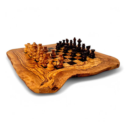 Olive Wood Handcrafted Rustic Shaped Wooden Chess Board Set With Pieces