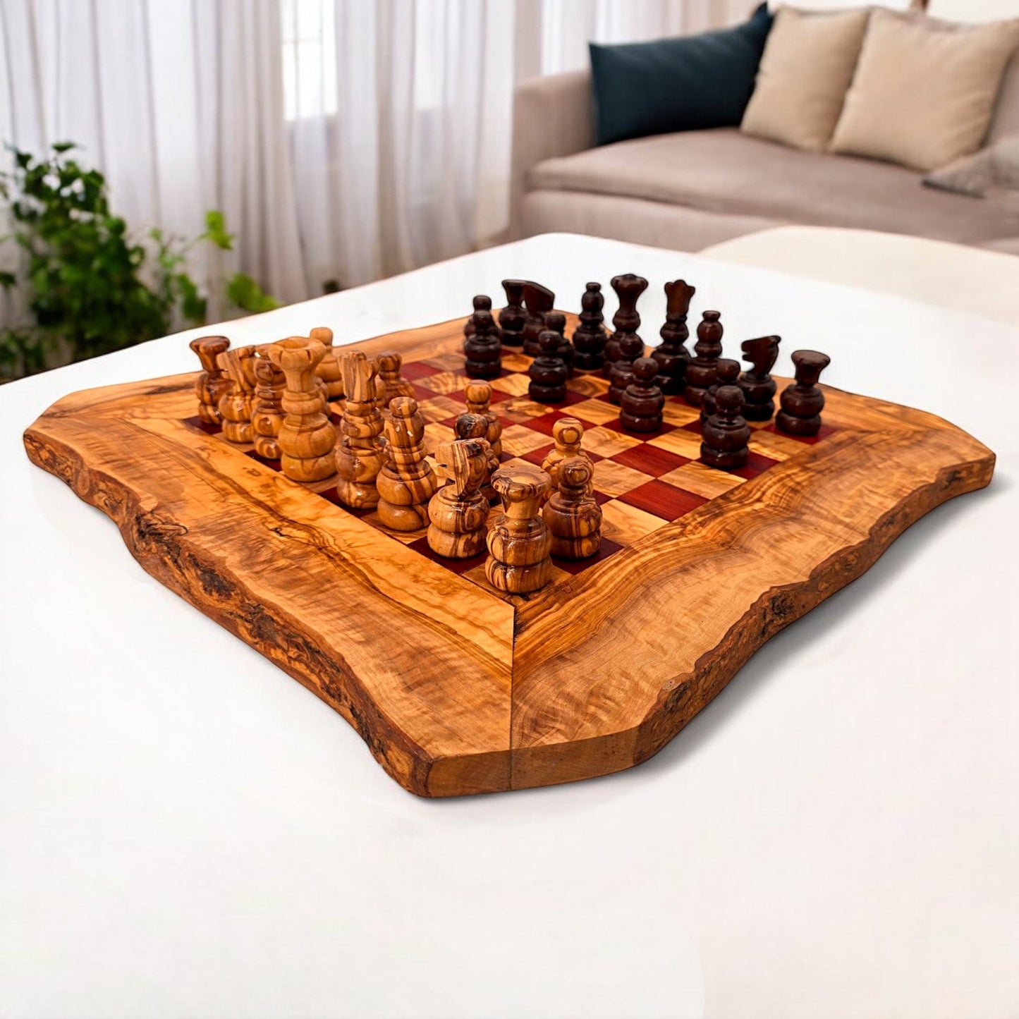Olive Wood Handcrafted Rustic Shaped Wooden Chess Board Set With Pieces