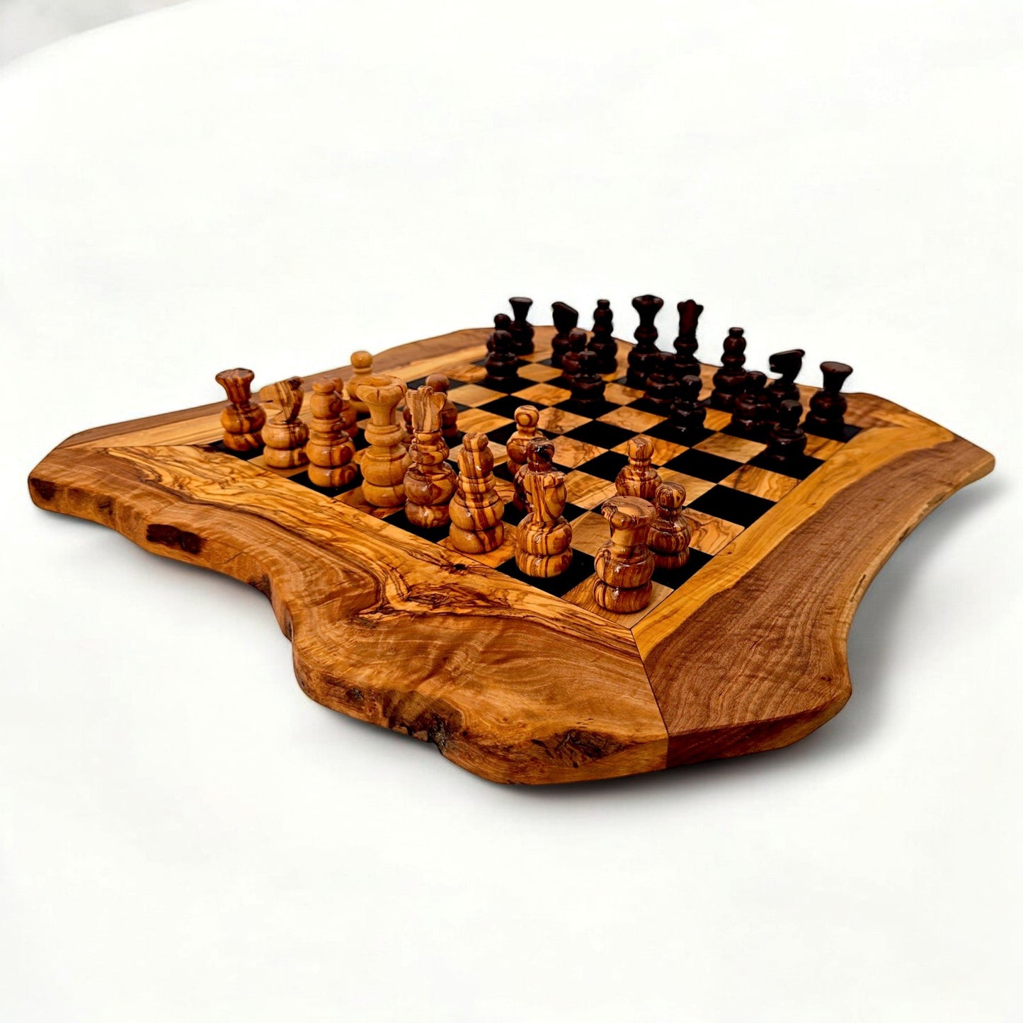 Olive Wood Handcrafted Rustic Shaped Wooden Chess Board Set With Pieces