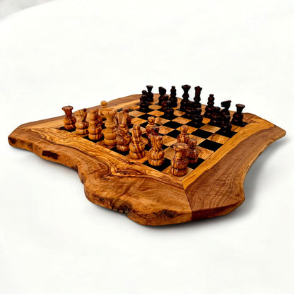 Olive Wood Handcrafted Rustic Shaped Wooden Chess Board Set With Pieces