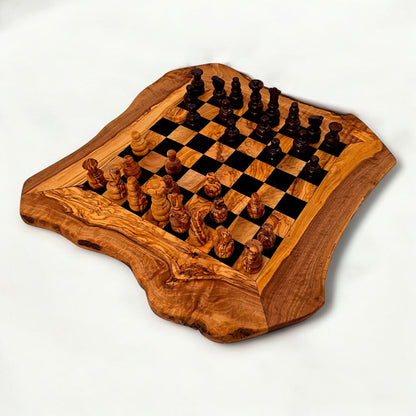 Olive Wood Handcrafted Rustic Shaped Wooden Chess Board Set With Pieces