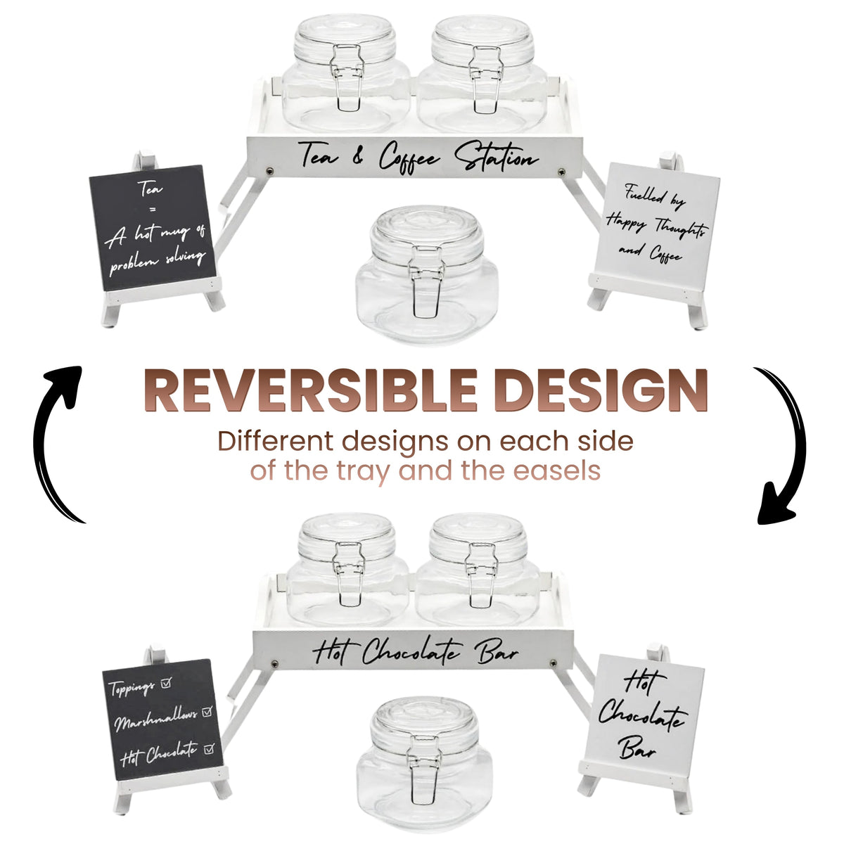 2-in-1 station tray with reversible side chalk boards and storage jars