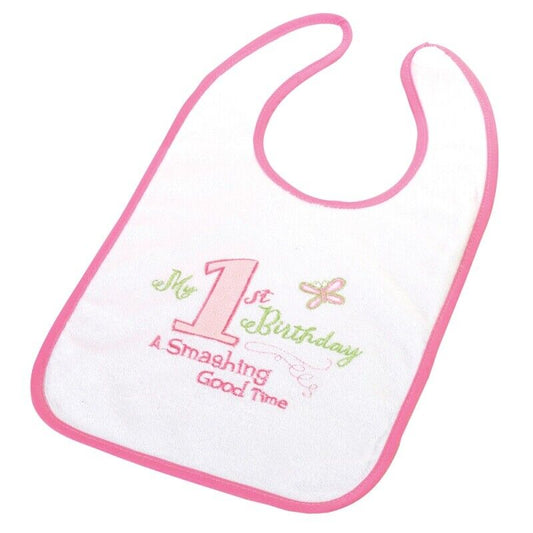 Lillian Rose First Birthday White Bib ~ Pink or Blue Trim