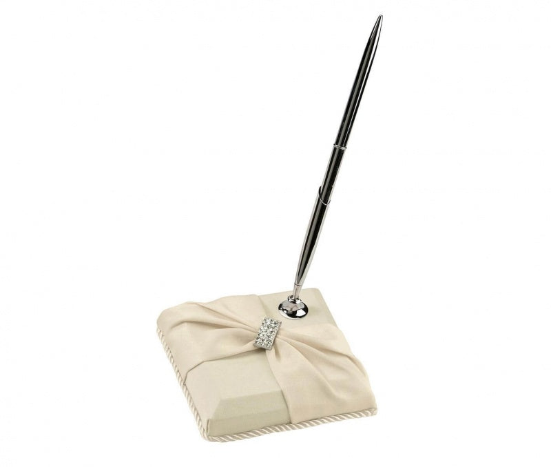 Elegant Ivory Satin & Rhinestone Pen Set