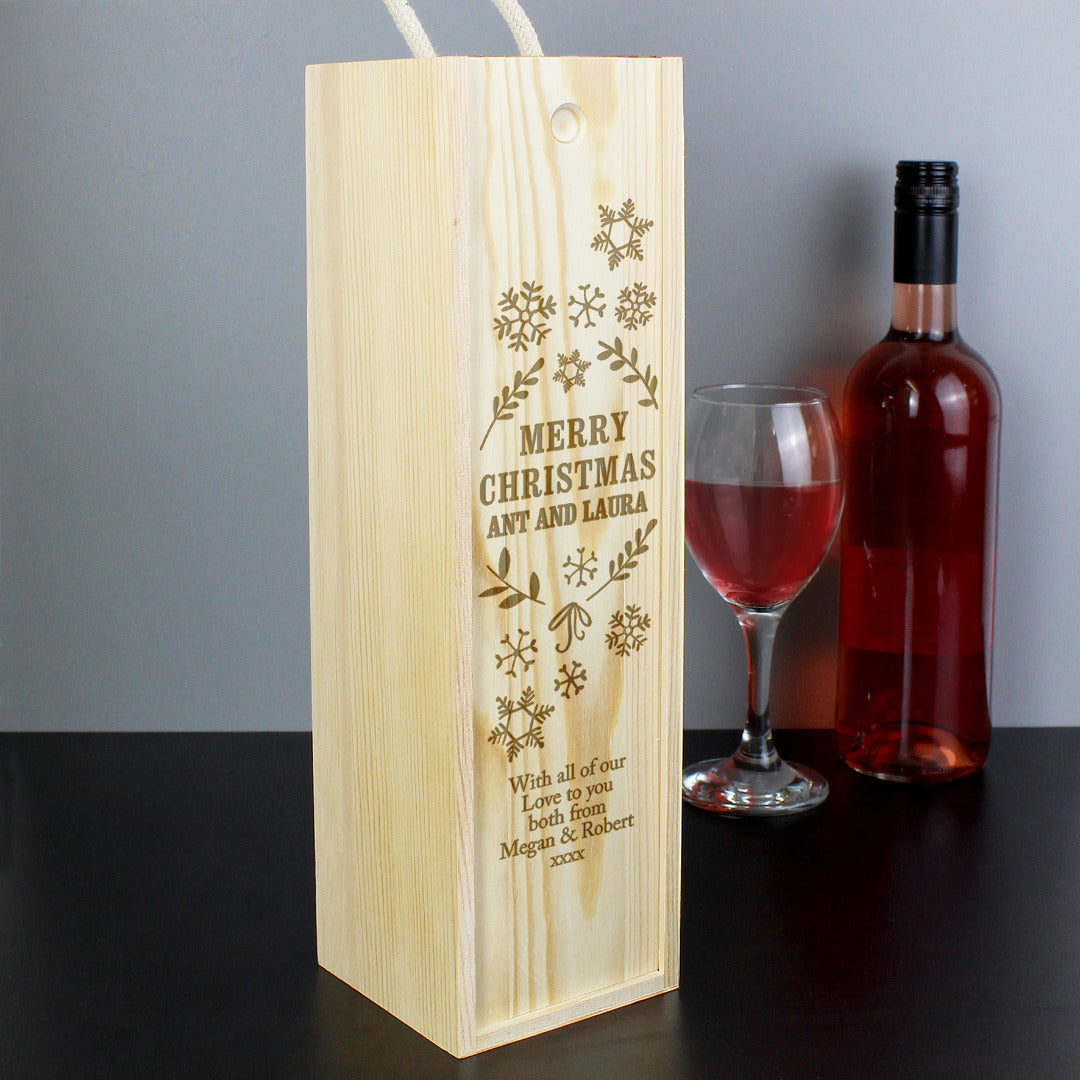 Personalised Christmas Frost Wooden Wine Bottle Gift Box