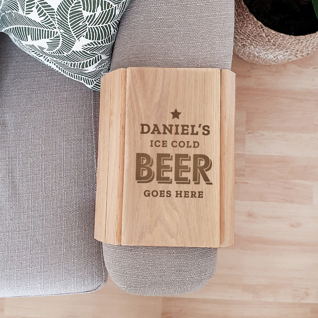 Personalised Wooden Sofa Tray - Beer Goes Here