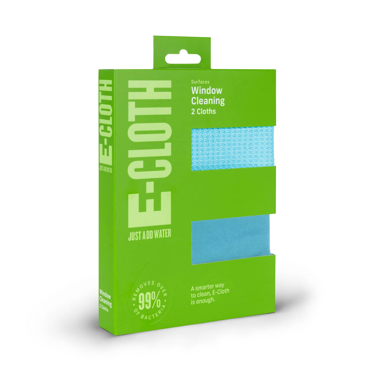 E-Cloth window cleaning cloth packaging box in bright green, showing two blue microfiber cloths inside through cutout windows, on a white background.