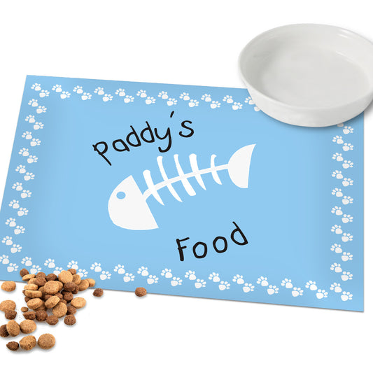 Personalised Fish Bone Cat Bowl Feeding Mat ~ Pink or Blue