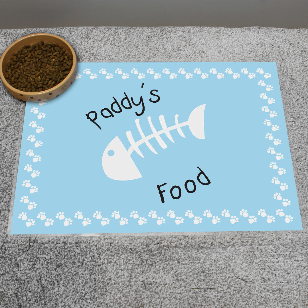 Personalised Fish Bone Cat Bowl Feeding Mat ~ Pink or Blue