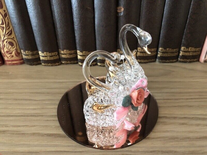 Rose Gold Crystal Swans on Mirror Base