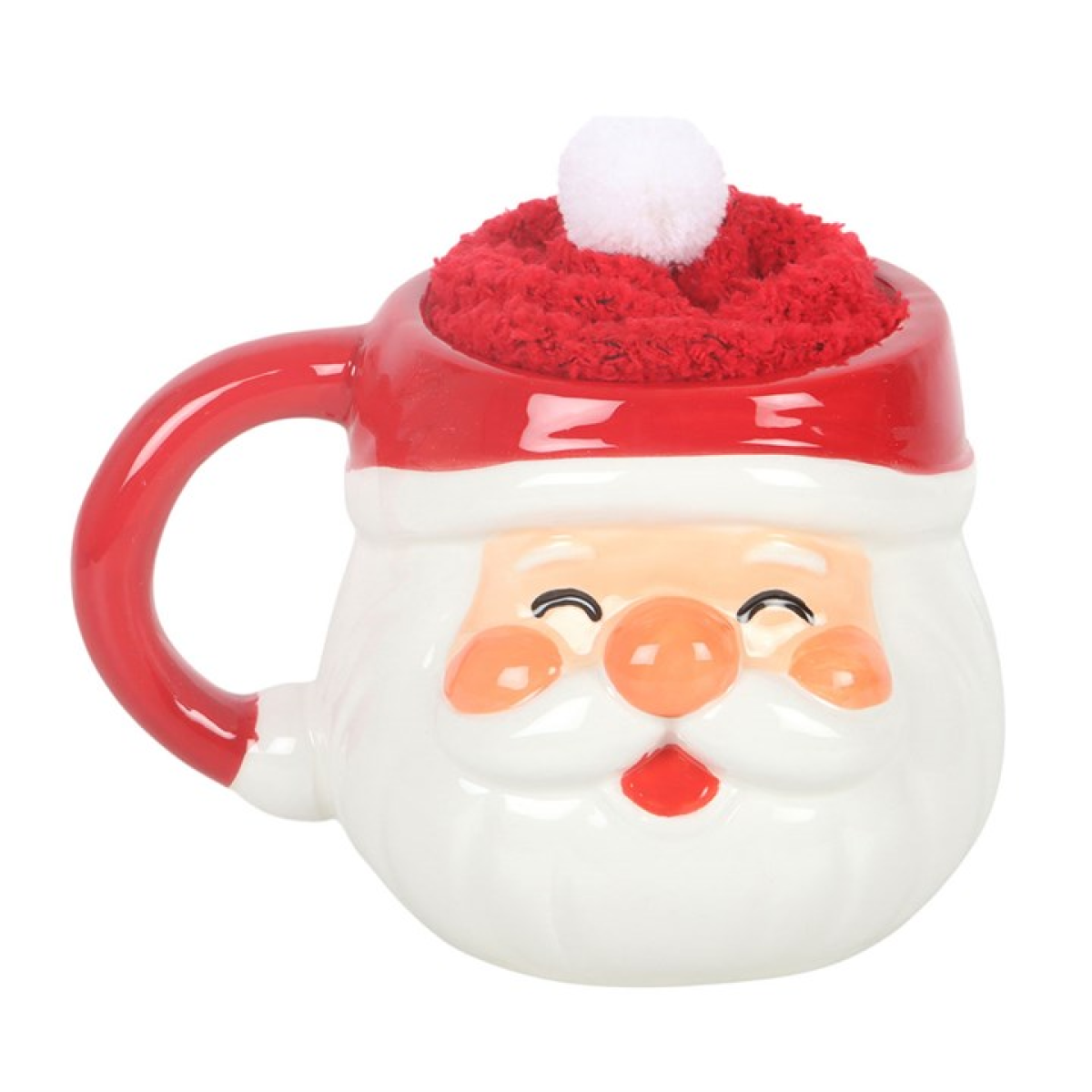 Santa face ceramic mug with red rim and fuzzy red hat, front view