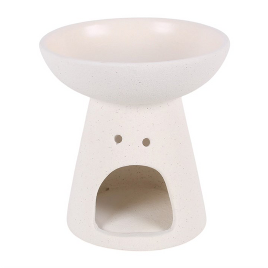 White ceramic pedestal oil burner with wide top bowl and front cutout