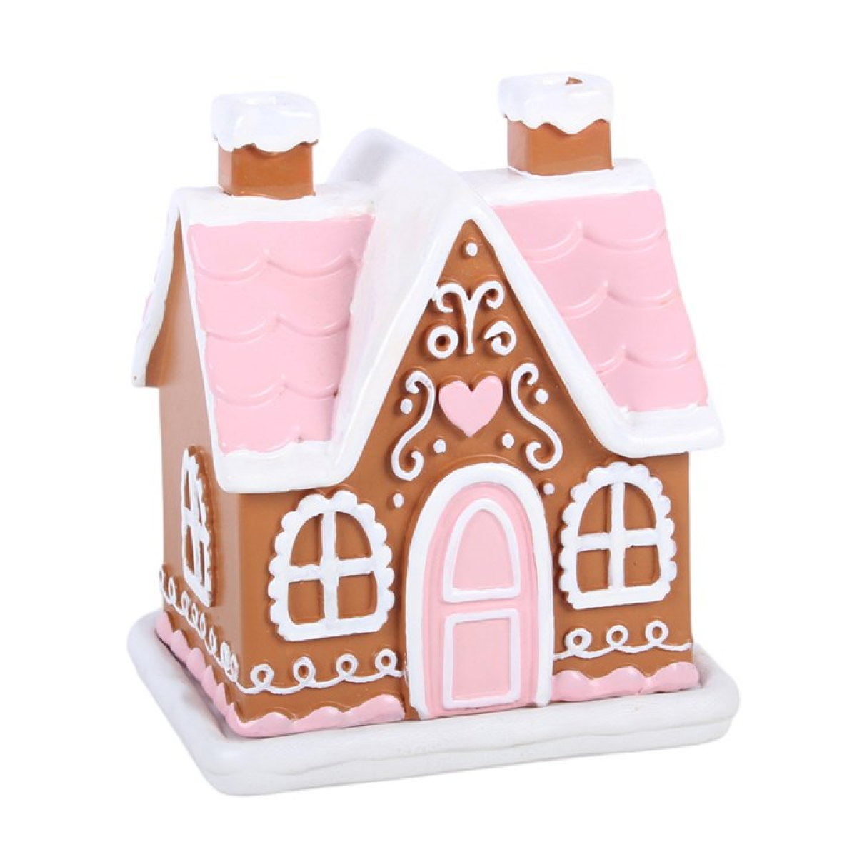 Pink gingerbread house incense cone burner, front view with heart window and chimney