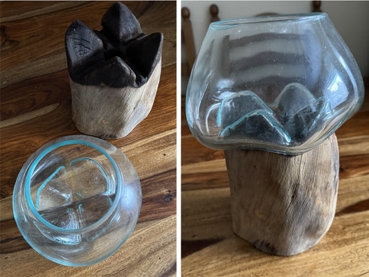 Extra Large Molten Glass Bowl on Root Wood Stand