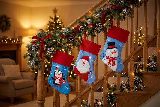 Hanging blue Christmas stockings with red cuffs: penguin and Santa designs