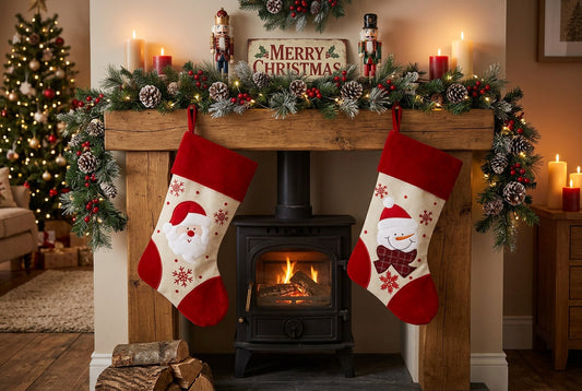 A cozy holiday living room scene with a wooden fireplace mantel decorated with green garlands, pinecones, candles, a 'Merry Christmas' sign, and two red-and-cream Christmas stockings hanging in front of a black wood-burning stove.