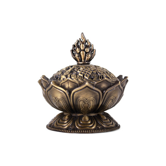 Metal lotus incense cone holder with hand-like lotus top and round ornate base