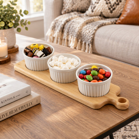 Rubberwood Dip Serving Board Platter For Ramekins