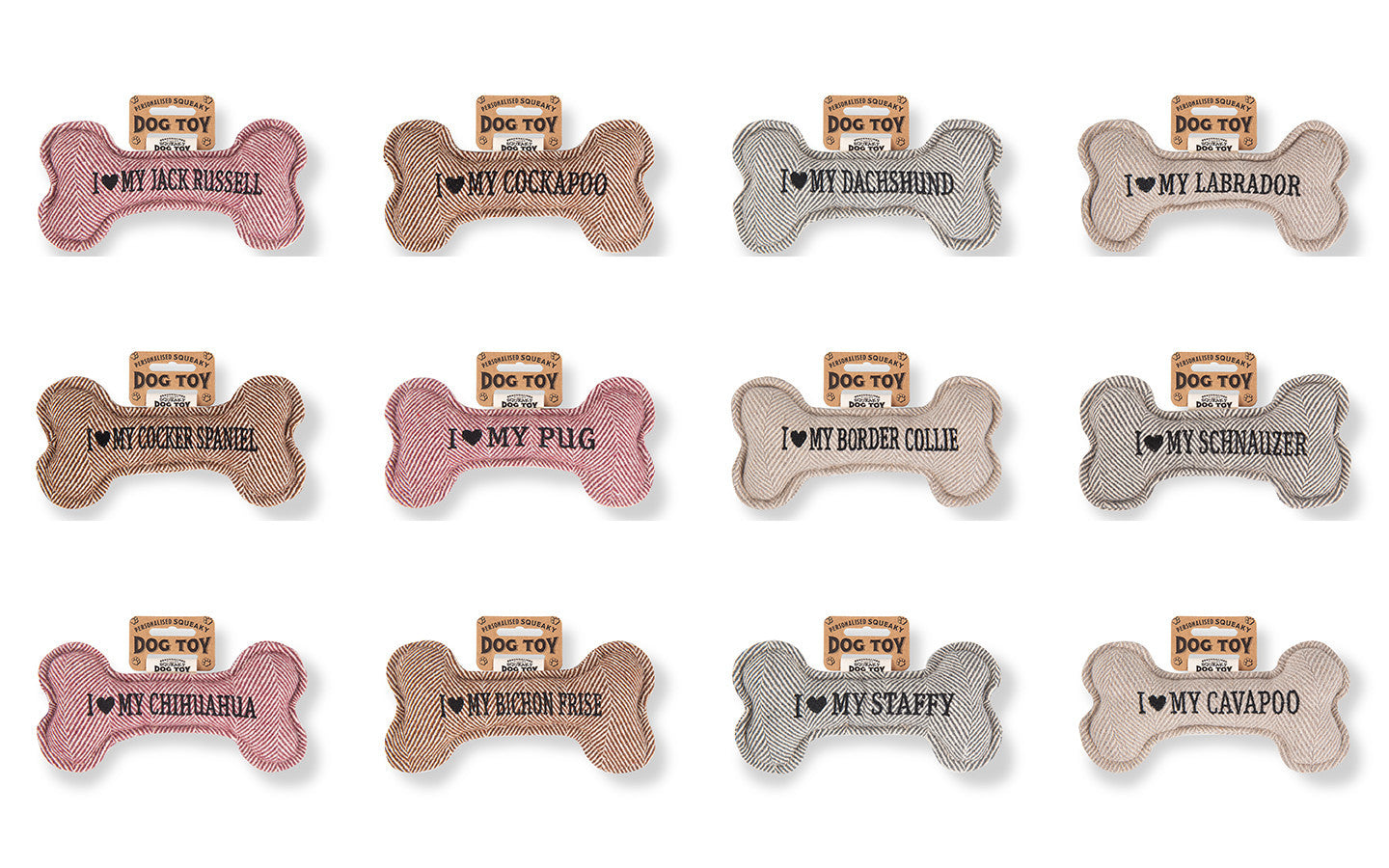 Personalised Squeaky Dog Bone Fetch Toy - I ? My Dog / Best Dog Ever / Breeds