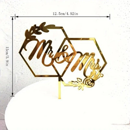 Mr & Mrs Hexagonal Gold Cake Topper, Wedding Cake Decoration