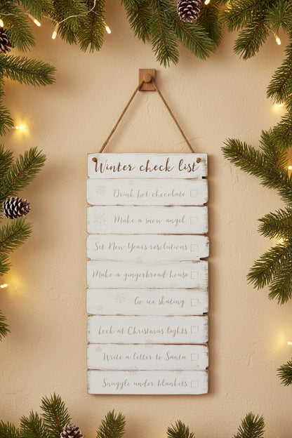 A rustic white wooden hanging sign with a rope loop and the text 'Winter check list' displayed against a warm beige wall, surrounded by green pine branches, pinecones, and soft string lights.