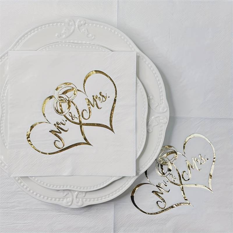 Mr & Mrs Interlocking Hearts & Rings Napkins, Pk 16