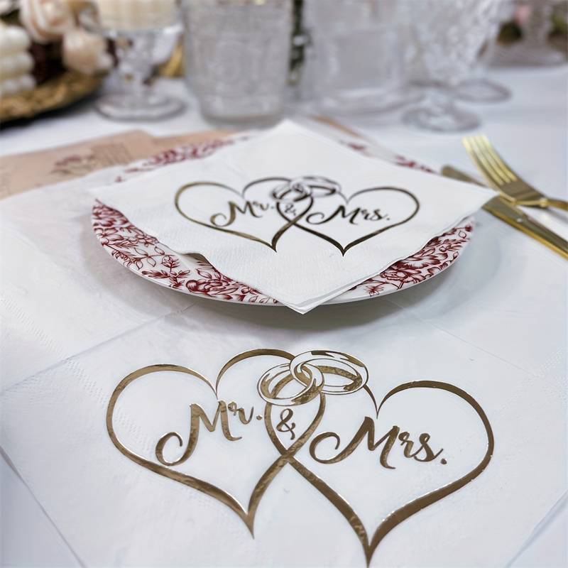 Mr & Mrs Interlocking Hearts & Rings Napkins, Pk 16
