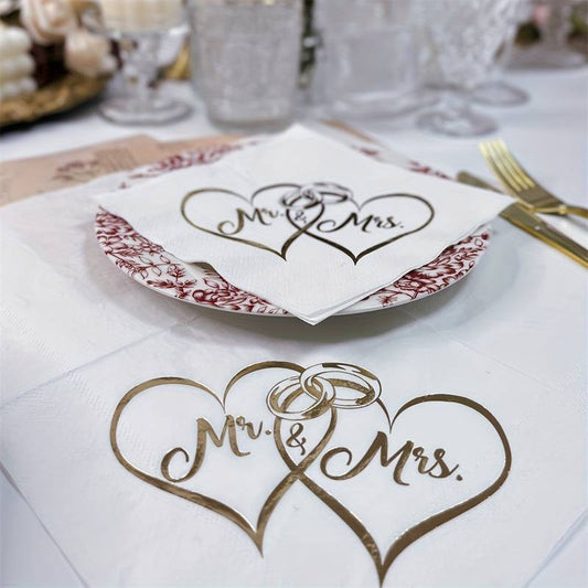 Mr & Mrs Interlocking Hearts & Rings Napkins, Pk 16