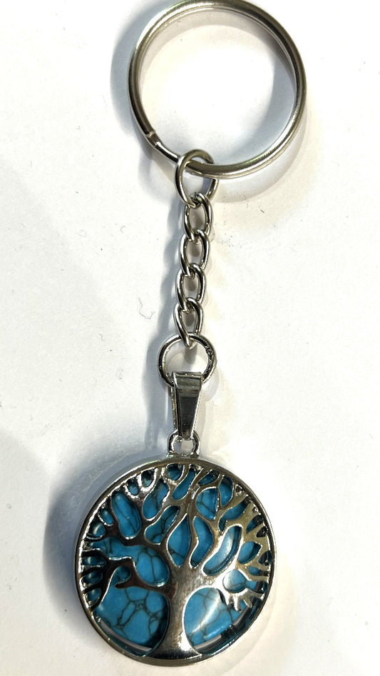 Tree of Life Key Ring with Gemstone Charm Pendant - Assorted Stones