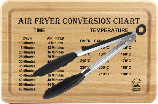 Rubberwood Chopping Board with Air Fryer Conversion Chart With Tongs