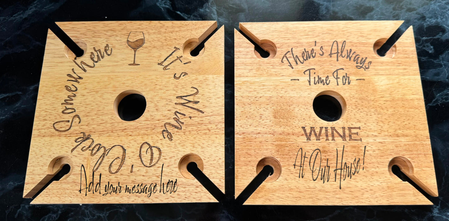 Personalised Hevea Wood Wooden Bottle Neck Wine Glass Holder 4 Glass Holder