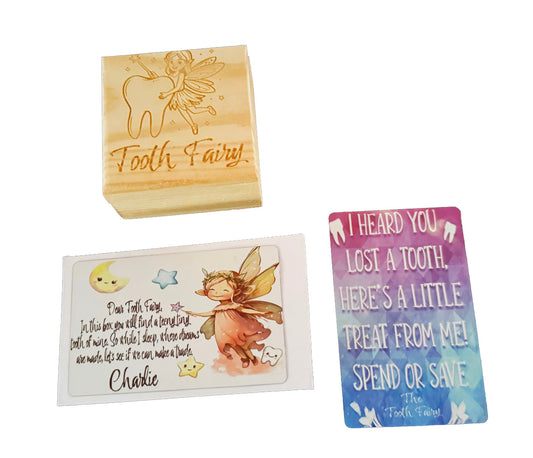 Personalised Pine Tooth Fairy Box, Cards & Black Velvet Keepsake Pouch