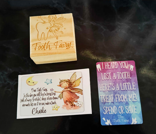 Personalised Pine Tooth Fairy Box, Cards & Black Velvet Keepsake Pouch