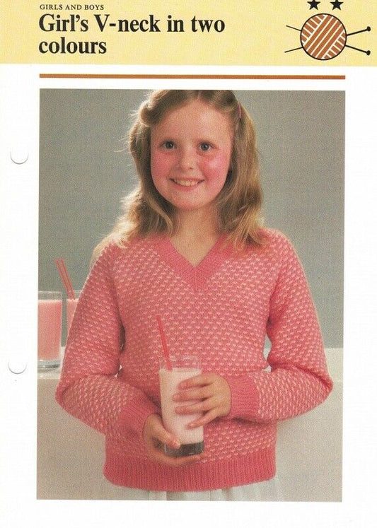 Vintage Hamlyn Knitting Pattern: Girl's V-Neck In Two Colours