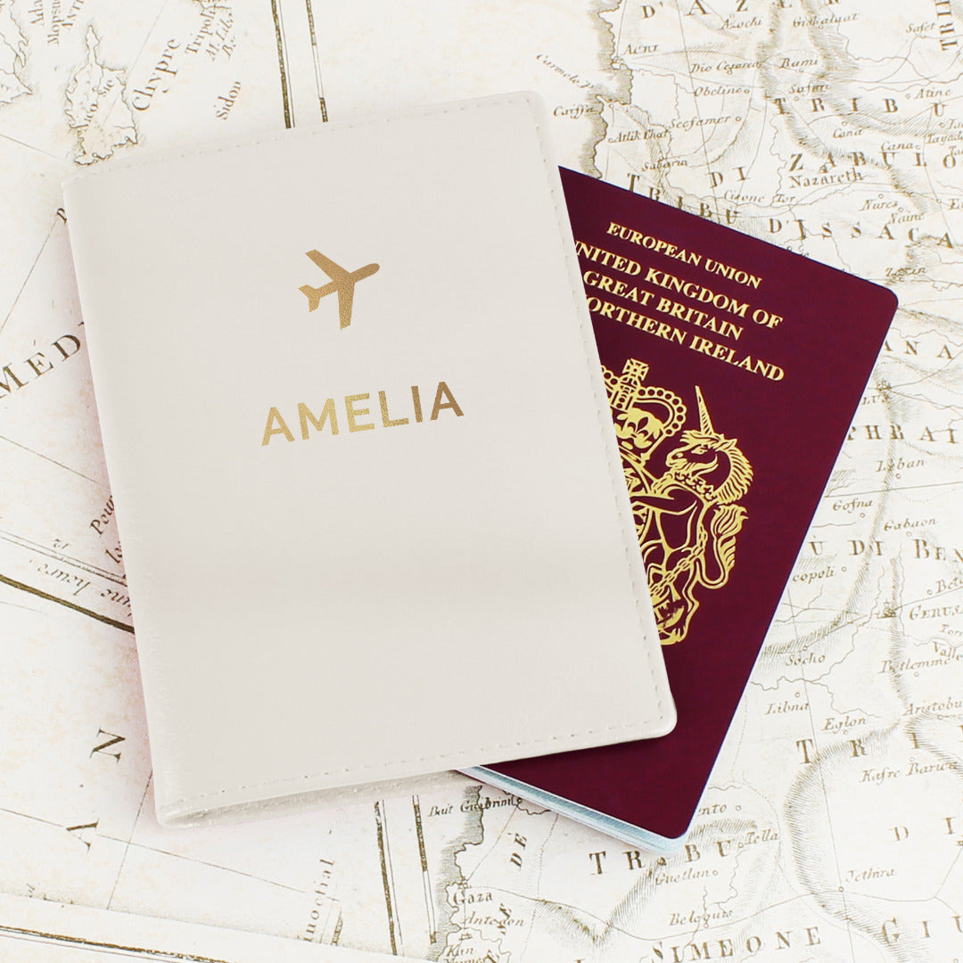 Personalised Leather Gold Name Passport Holder - Black or Cream