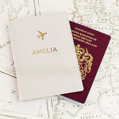 Personalised Leather Gold Name Passport Holder - Black or Cream