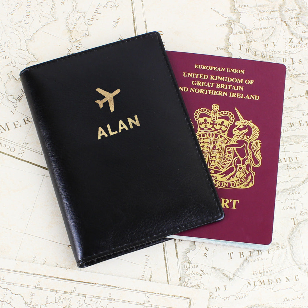 Personalised Leather Gold Name Passport Holder - Black or Cream
