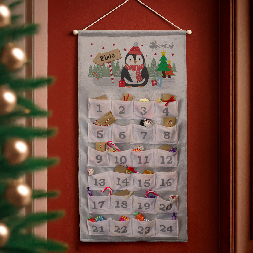Personalised Christmas Penguin Advent Calendar In Silver Grey