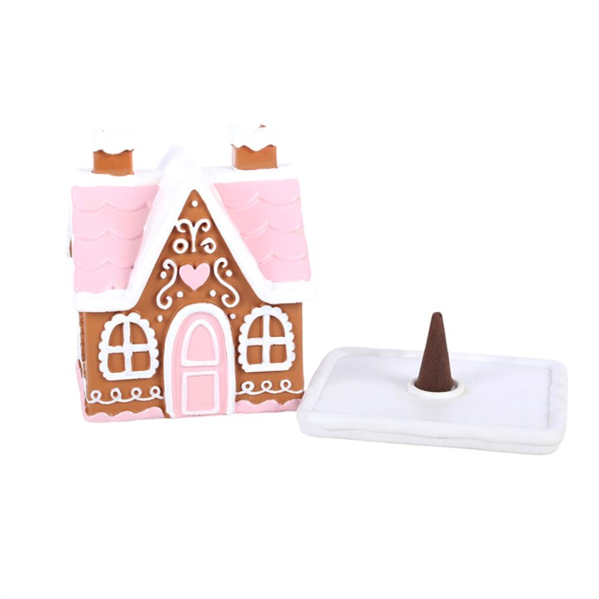 Pink gingerbread house incense cone burner with raised tray and standing incense cone