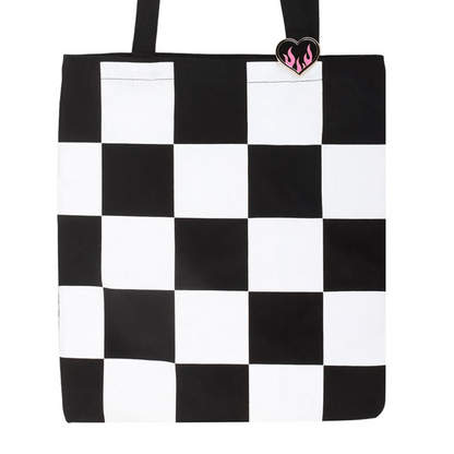 Checkerboard Print Polycotton Tote Bag with Enamel Heart Pin Badge