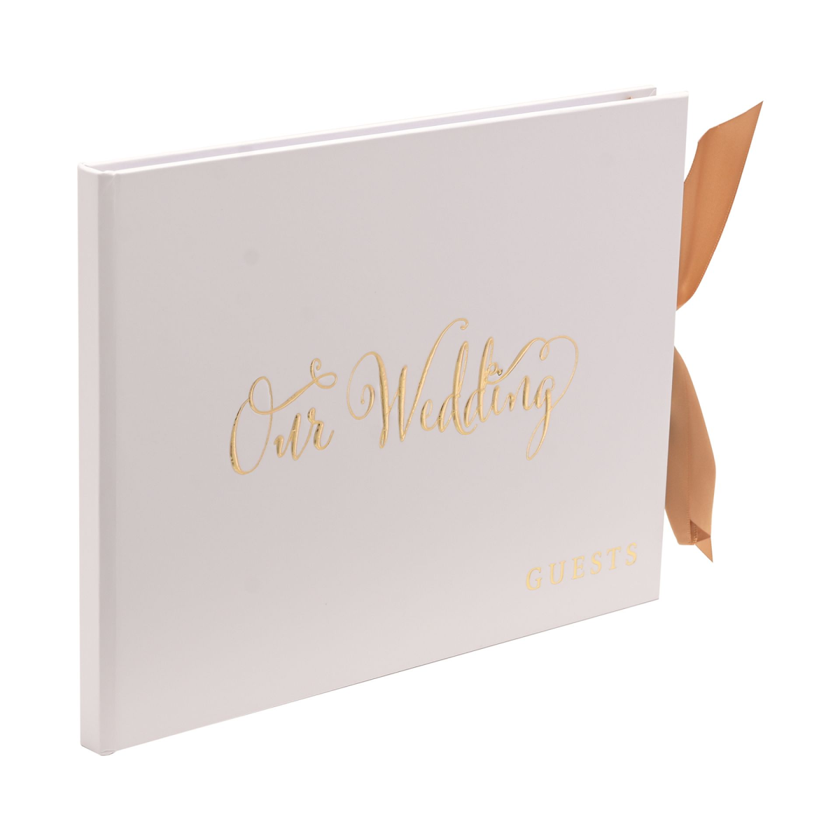 White wedding guest book with gold foil "Our Wedding" title and "Guests" text