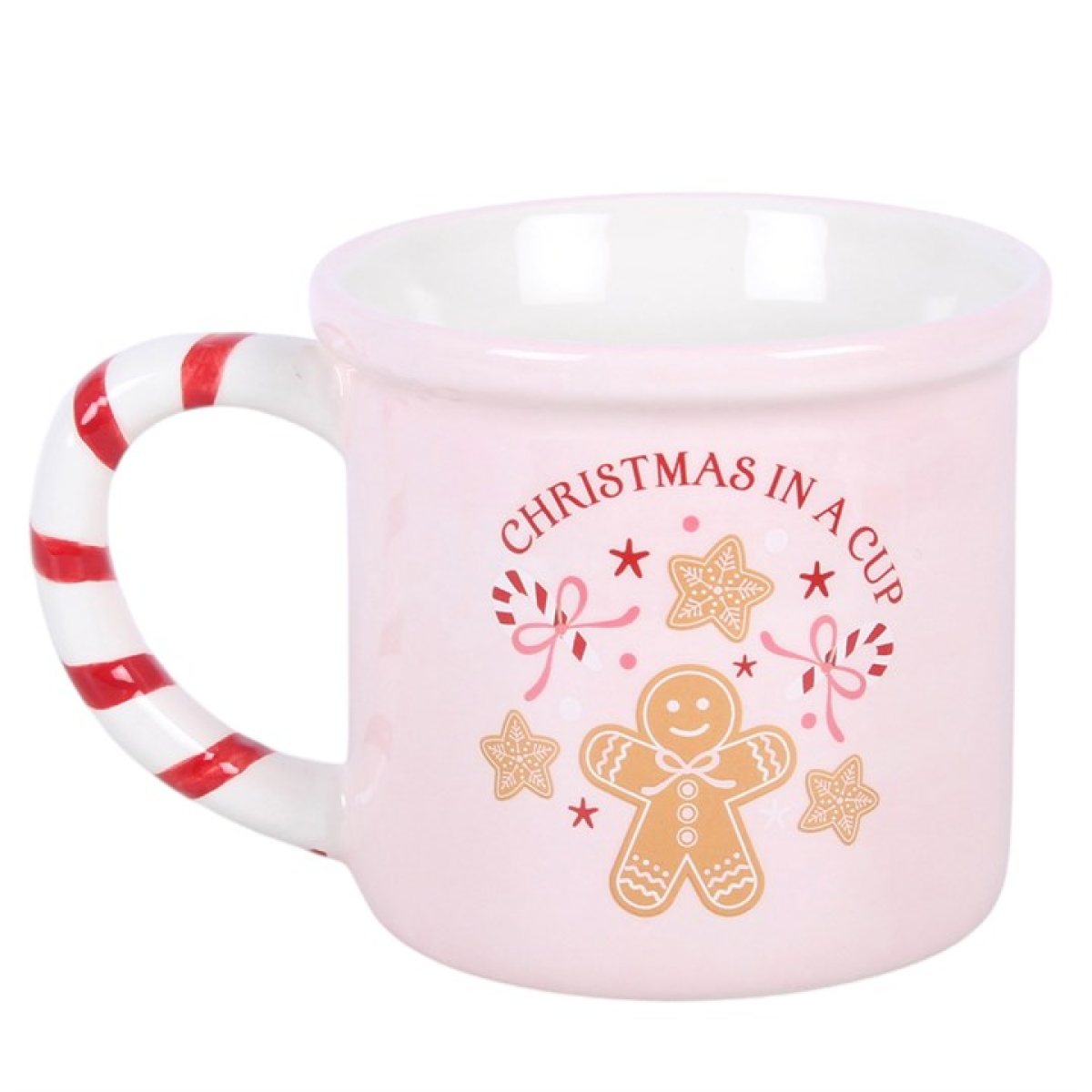 Pink Christmas mug with candy-cane striped handle, gingerbread figure and festive icons