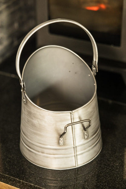 Silver Fireside Coal Bucket Shovel & Match Canister 3pc Set