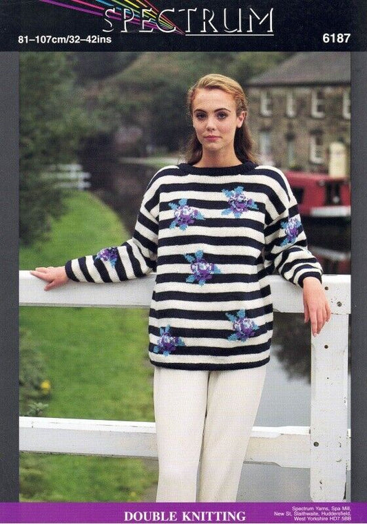 Vintage Spectrum Knitting Pattern No 6187: Striped Sweater with Flower Motifs