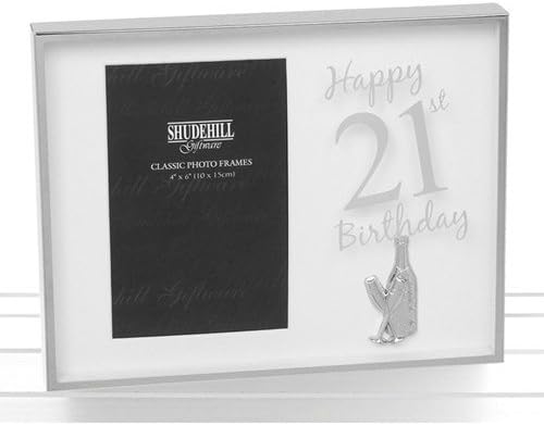 Silver photo frame with 'Happy 21st Birthday' design and Shudehill Goldsmiths branding.