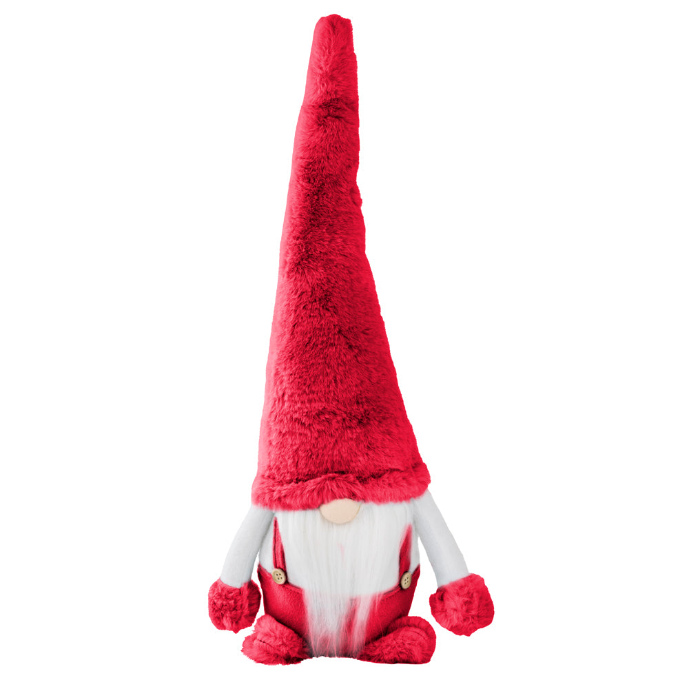A plush Christmas gnome doll with a tall, fluffy red hat, white beard, and red-and-white outfit, centered on a plain white background.