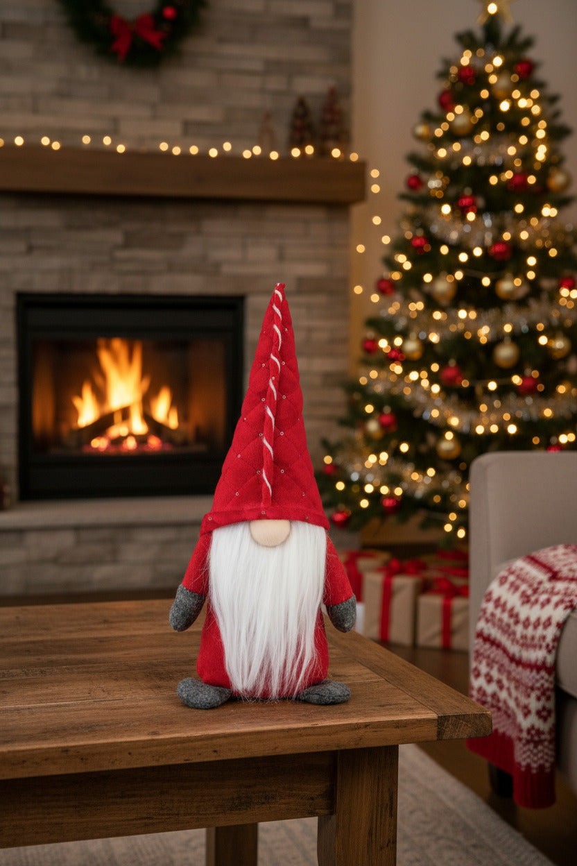 A red felt Christmas gnome doll with a long white beard, gray hands and feet, and a pointed red hat, photographed against a plain white background.
