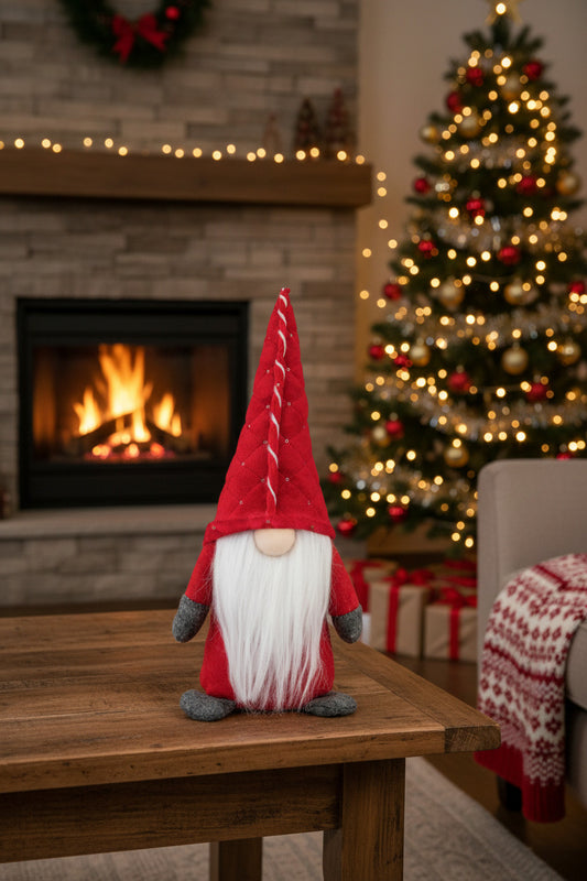 A red felt Christmas gnome doll with a long white beard, gray hands and feet, and a pointed red hat, photographed against a plain white background.