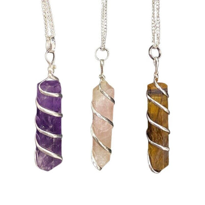 Wire Wrapped Crystal Gemstone Pencil Pendant on Chain